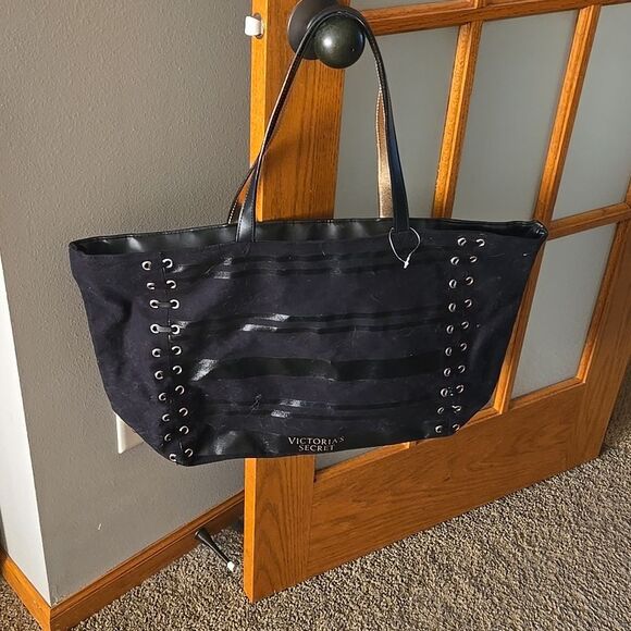 Victorias Secret Black Canvas Zip Top Tote with Gold Eyelets Amd Detail Accents - Picture 1 of 16